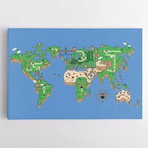 Art mural sur toile, carte du monde Super Mario | Oeuvres d'art pour la salle de jeux | cadeau pour un joueur | Oeuvre d'art NES | Impressions d'oeuvres d'art de jeux vidéo