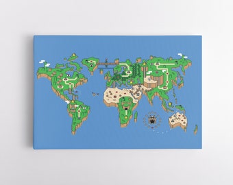 Super Mario Leinwand Wandkunst Weltkarte | Spielzimmer Kunstwerk | Geschenk für einen Gamer | NES Kunstwerk | Videospiel-Kunstdrucke