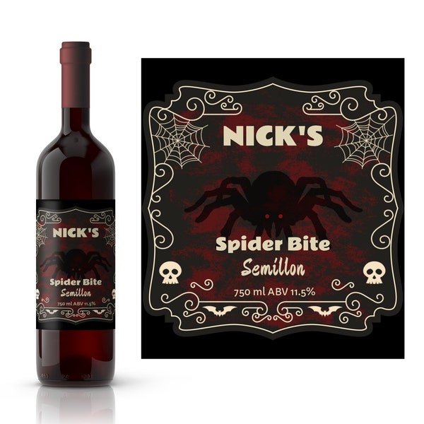 Spider Bite Custom Halloween Wine Label | Spooky Tarantula Wine Label | Funny Halloween | Adult Halloween Party Favor