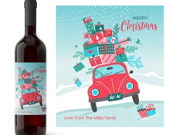 Christmas Car Wine Label | Christmas VW Bug Labels | Red Beetle Car |  Whimsical Personalized Christmas Labels