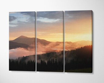 Foggy Sunset Three Piece Canvas Wall Art | Triptych Wall Art | Mountains Artwork | Sunset Wall Art | Mountain Print | 60"x40" ready to hang