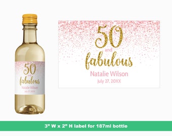Różowe, pięćdziesiąt i wspaniałe miniaturowe etykiety na wino | 50 i wspaniałe | Niestandardowe miniaturowe etykiety na butelki | Etykiety na butelki 187 ml | Wersja drukowana lub do pobrania w wersji cyfrowej