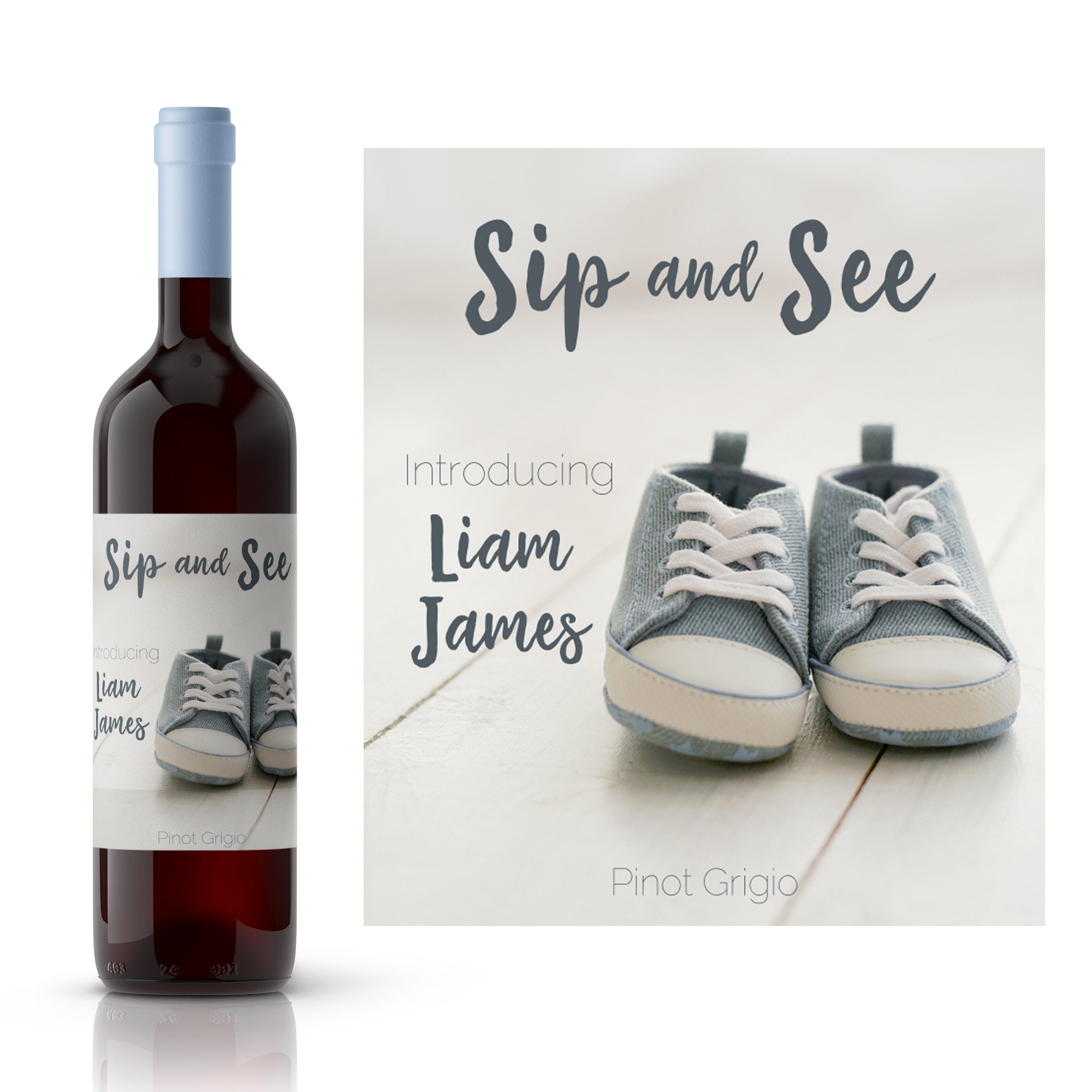 Sip and See Denim Shoes Baby Shower Wine Label | Personalized Baby Shower Wine Label | Baby Boy Shower Label