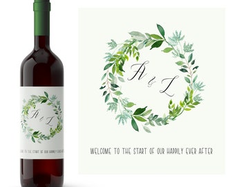 Spring Green Personalized Wedding Wine Label | Custom Wedding Favor Wine Bottle Labels | Floral Wreath Wedding Label |  Custom Wine Label