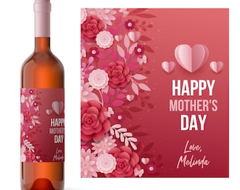 Hearts & Flowers Mother's Day Wine Label | Custom Wine Sticker | Personalized Floral Wine Bottle Label | Unique Mother's Day Wine Gift