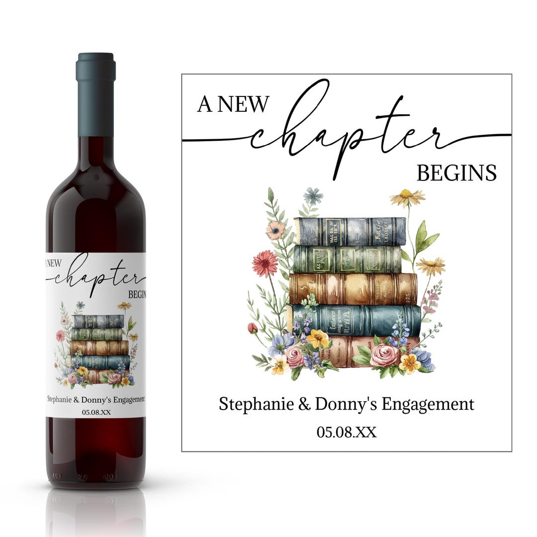 A New Chapter Begins Engagement Wine Label | Storybook Bridal Shower ...