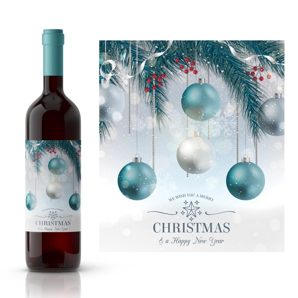 Fir Tree Ornaments Christmas Wine Label | Teal Christmas Ornament Designs | Wine Lover Christmas Gift Idea | Custom Christmas Wine Gift