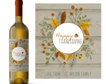 Hand Drawn Thanksgiving Wreath Wine Label | Personalized Thanksgiving Gift Wine Label | Custom Thanksgiving Dinner Label | Friendsgiving