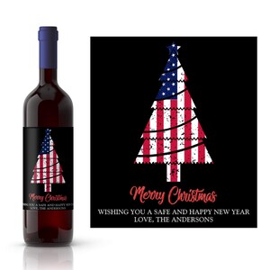 Patriotic Christmas Custom Wine Label | Patriotic Christmas Tree | Christmas Party Favor | Red, White & Blue Flag Holiday Tree Wine Label