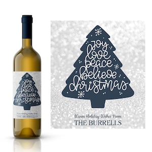 Joy Love Peace Christmas Wine Label | Christmas Tree Wine Label | Christmas Gift Idea | Christmas Party Hostess Gift