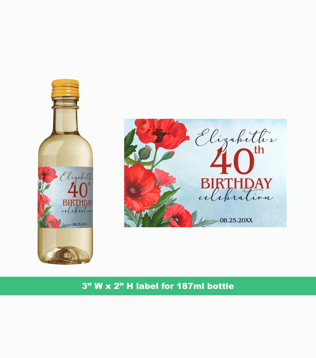 Hand Drawn Poppies Birthday Mini Wine Label | Custom Floral Birthday ...