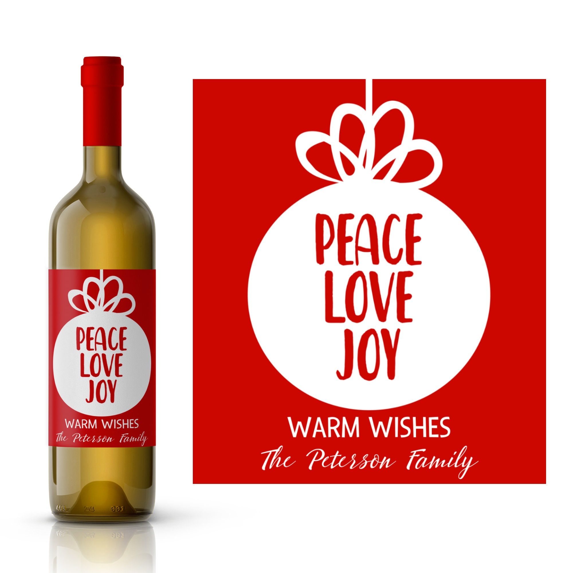 Vrede Liefde Vreugde Ornament Wijnetiket | Kerstcadeau wijnetiket | Fijne feestdagen wijnetiket | Rode vakantie wijn cadeaulabel | Hartelijke wensen