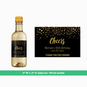 Cheers Gold Glitter Personalized Birthday Mini Wine Labels | Custom Party Favors | Printed or Digital Download | 187 ml Bottle Labels