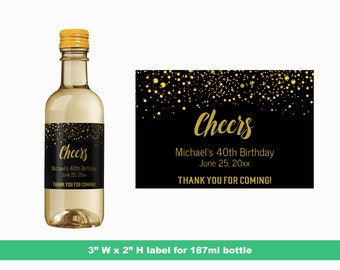 Cheers Gold Glitter Personalized Birthday Mini Wine Labels | Custom Birthday Party Favors | Mini Bottle Labels | 187 ml Bottle Labels