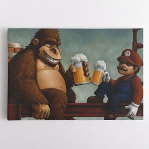 Mario and Donkey Kong Happy Hour Canvas Wall Art | Game Room Artwork | Gift For A Gamer | Video Game Decor | Video Game Prints