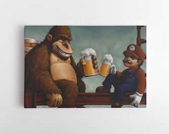 Mario and Donkey Kong Happy Hour Canvas Wall Art | Game Room Artwork | Gift For A Gamer | Video Game Decor | Video Game Prints