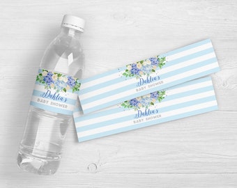 May include: Blue and white striped baby shower water bottle labels with a floral design and the text "Dahlia's Baby Shower".