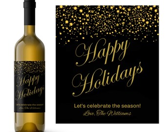 Holiday Gold Glitter Custom Wine Label | Happy Holidays Wine Gift | Wine Lover Gift Idea | Hostess Gift Idea