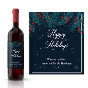 Holiday Greenery Custom Wine Label | Corporate Gift Christmas Wine Label | Happy Holidays Wine Label