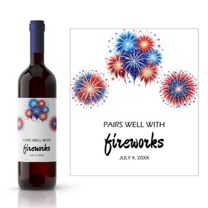 Pairs Well With Fireworks Wine Label | Custom Patriotic Wine Label | Personalized 4th of July Wine Label | Red White and Blue Wine Label