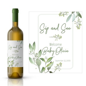 Foliage Frame Sip and See Wine Label | Personalized Baby Shower Wine Label | Custom Sip and See Wine Label | Baby Shower Favors
