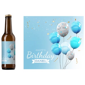 Blue Balloons Personalized Birthday Beer Label | Cheers To The Birthday Guy | Custom Birthday Beer Label | Balloons and Confetti Beer Label