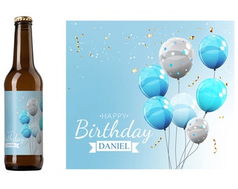 Blue Balloons Personalized Birthday Beer Label | Cheers To The Birthday Guy | Custom Birthday Beer Label | Balloons and Confetti Beer Label