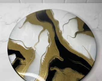 MADE TO ORDER - Resin painted lazy Susan, white, black, gold, housewarming gift, resin art, birthday gift, anniversary gift, kitchen decor.