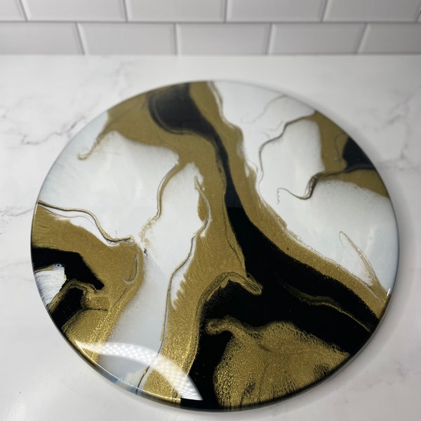 MADE TO ORDER - Resin painted lazy Susan, white, black, gold, housewarming gift, resin art, birthday gift, anniversary gift, kitchen decor.