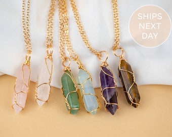 Crystal Wire Wrapped Necklaces, Rose Quartz, Amethyst, Opal, Aventurine, Gold Healing Stone Chakra Point Birthstone Gemstone Necklaces
