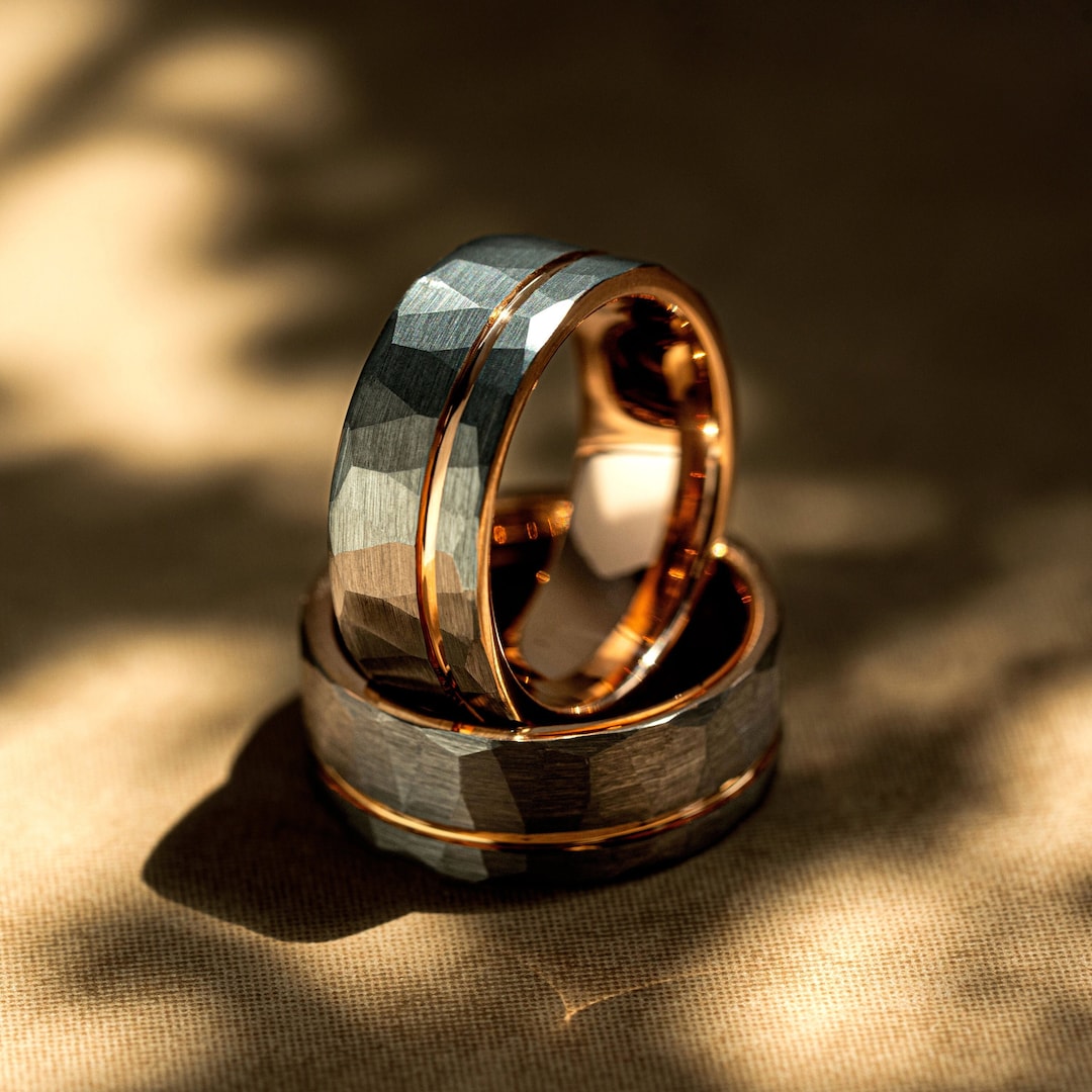 Hammered Wedding Ring Rose Gold Strip Tungsten Men's Etsy
