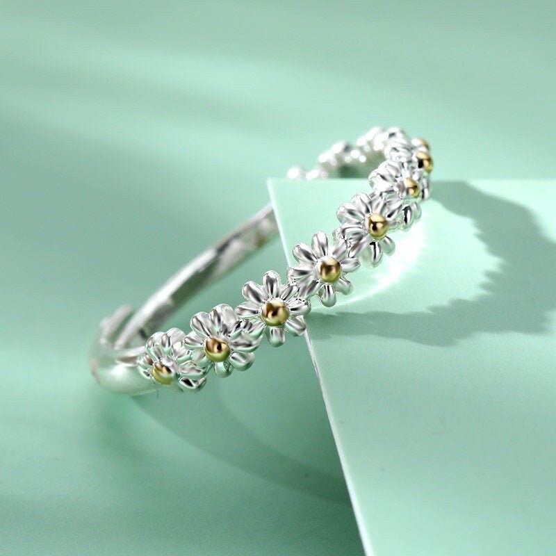 Vintage Daisy Rings For Women Cute Flower Ring Adjustable Open Cuff W…