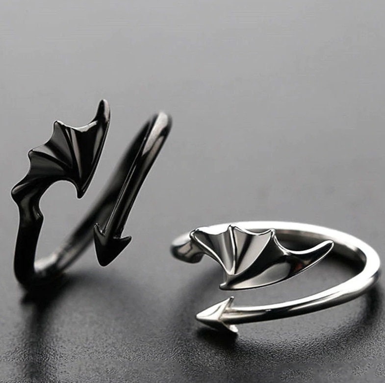 Black and Silver Dragon Evil Wing Open Band Ring, Punk Style Adjustab…