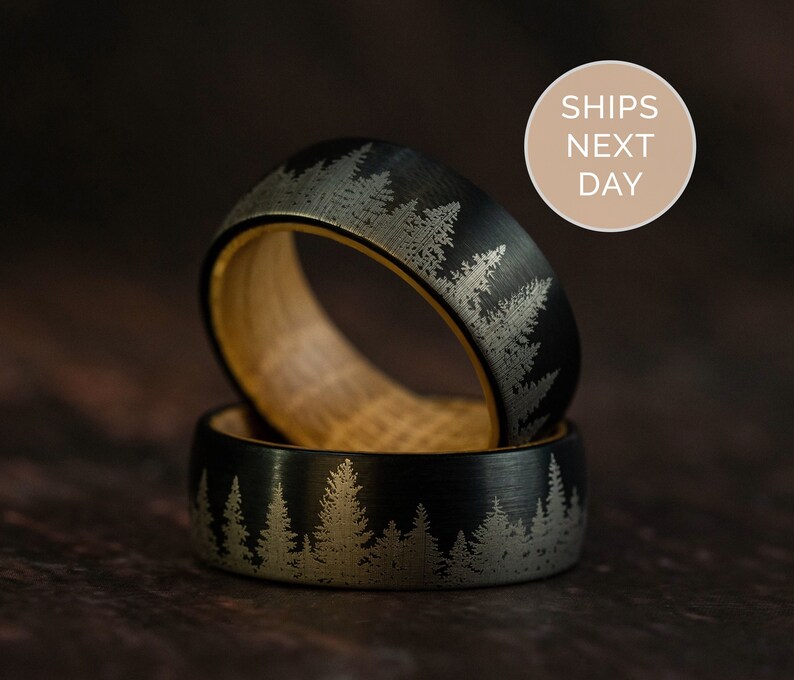 Whiskey Barrel Man Ring – Pine Tree Forest Mens Wedding Band – Authentic Whiskey Barrel Oak Wood - Mens Ring Nature Ring, Tungsten Ring Men 