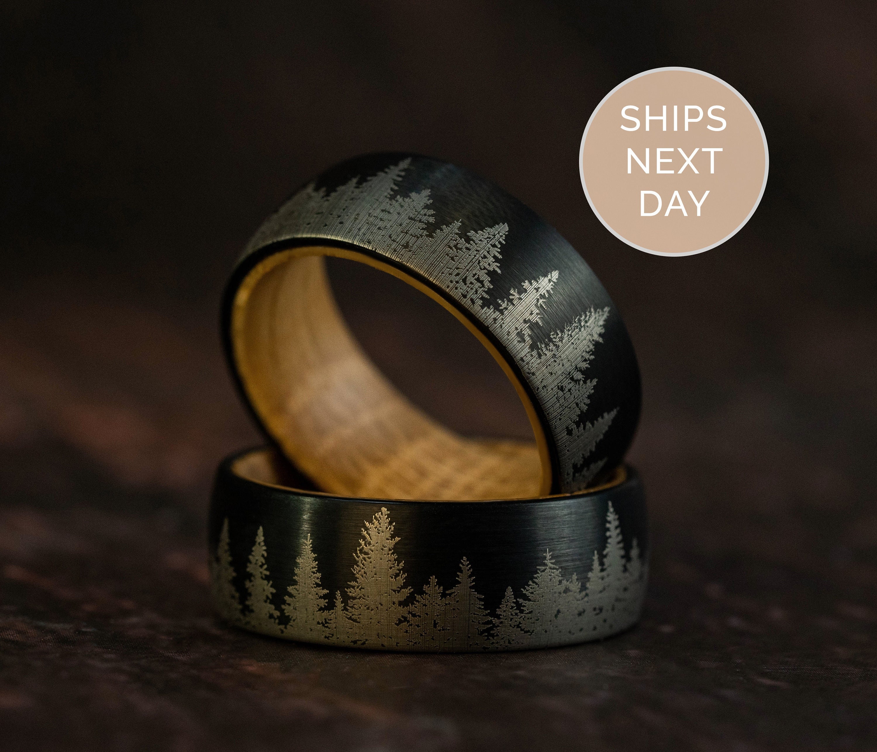 Whiskey Barrel Man Ring – Pine Tree Forest Mens Wedding Band – Authentic Whiskey Barrel Oak Wood - Mens Ring Nature Ring, Tungsten Ring Men