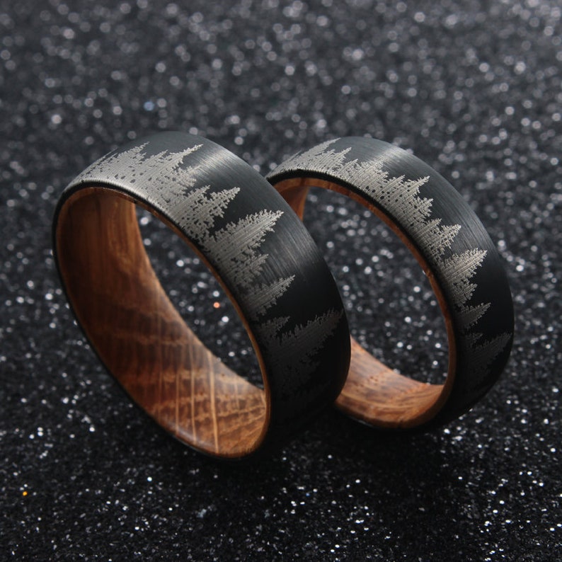 Whiskey Barrel Ring  Pine Tree Forest Mens Wedding Band  image 1