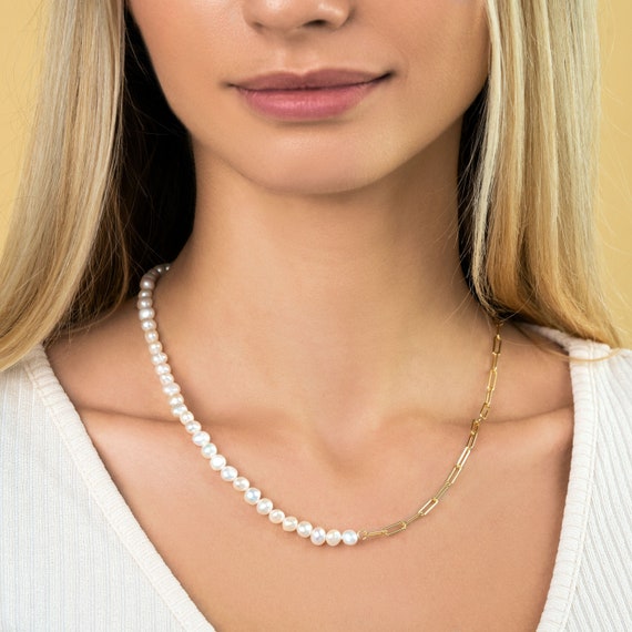 Half Chain Half Pearl Necklace | Grain of Sand by Aneth Handcrafted Jewelry