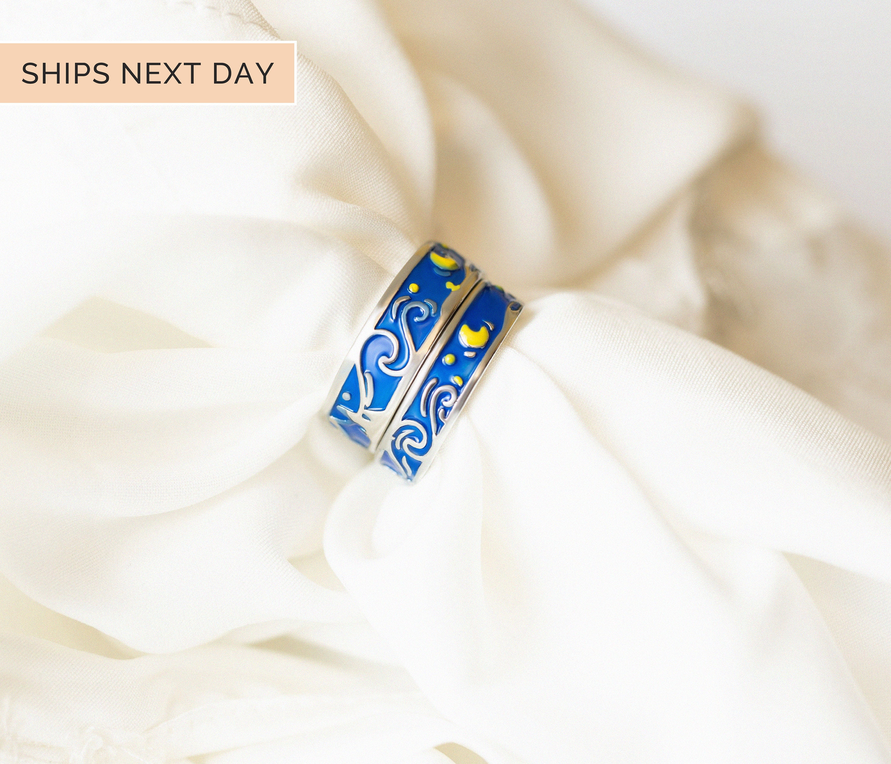 Van Gogh Starry Sky Open Lover Rings Band Romantic Couple Jewelry Rin…