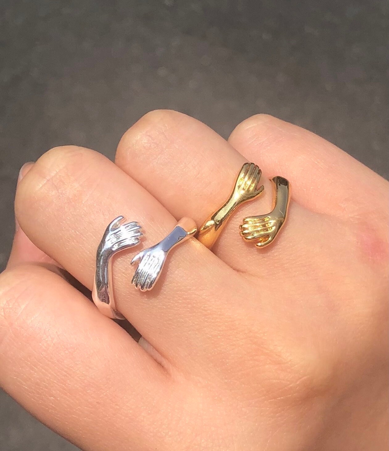 Set of 2 Hug ring Couple Love Hugging Hand Stackable Ring, Friendship…
