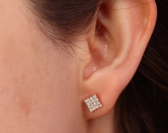 Dainty Minimal Tile Earring Diamond Earlobe  14K Gold