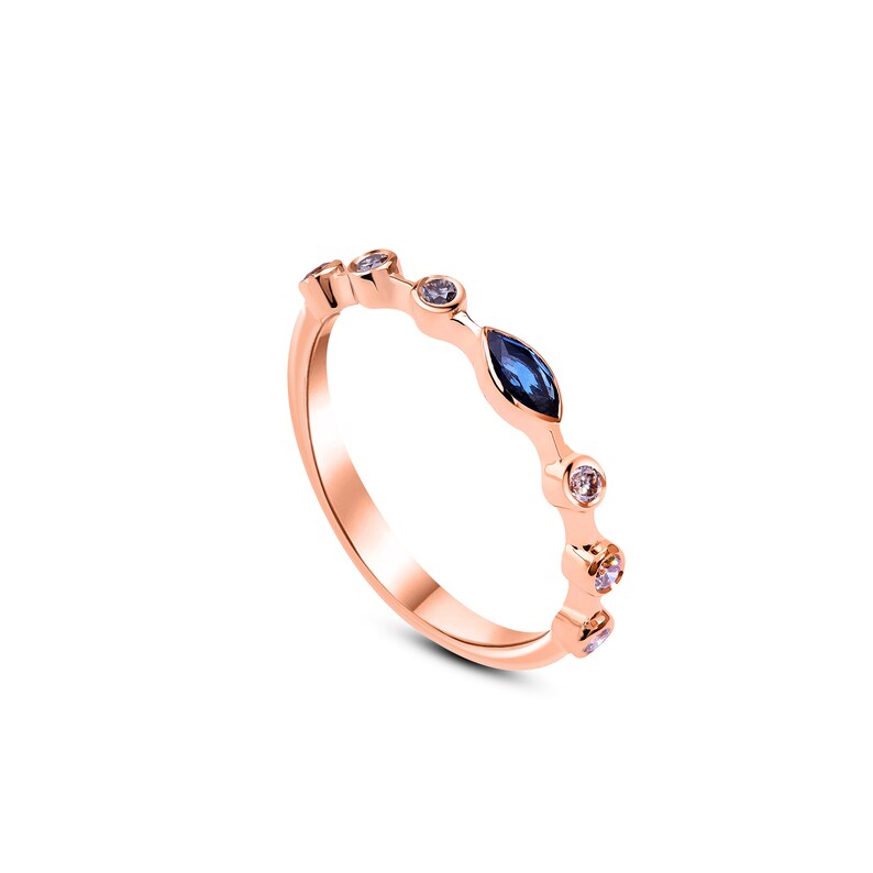 Minimal Dainty Marquise Sapphire and Brown Diamond 14k Solid Gold Ring Rose gold