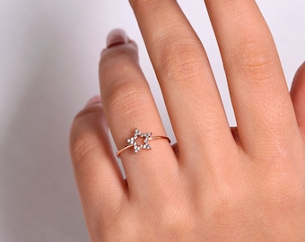 Minimal Dainty  Brown Diamond Star Design  14K Ring