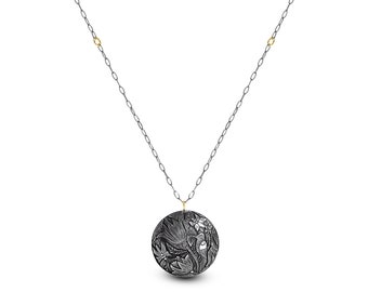 Silver&Gold Black Oxide Engraving Design With Flower And Bird Pattern Necklace