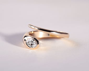 Minimal Dainty Snake Design Ring With Oval Diamond 14K Gold