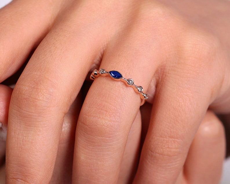 Minimal Dainty Marquise Sapphire and Brown Diamond 14k Solid Gold Ring image 3