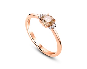 14K Gold Minimal Dainty Ring With Brown And White Diamond