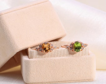 Dainty Peridot And Brown Diamond Minimal 14k Solid Gold Ring