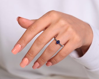 Minimal Thin Dainty Sapphire And Blue Diamond  14K Ring