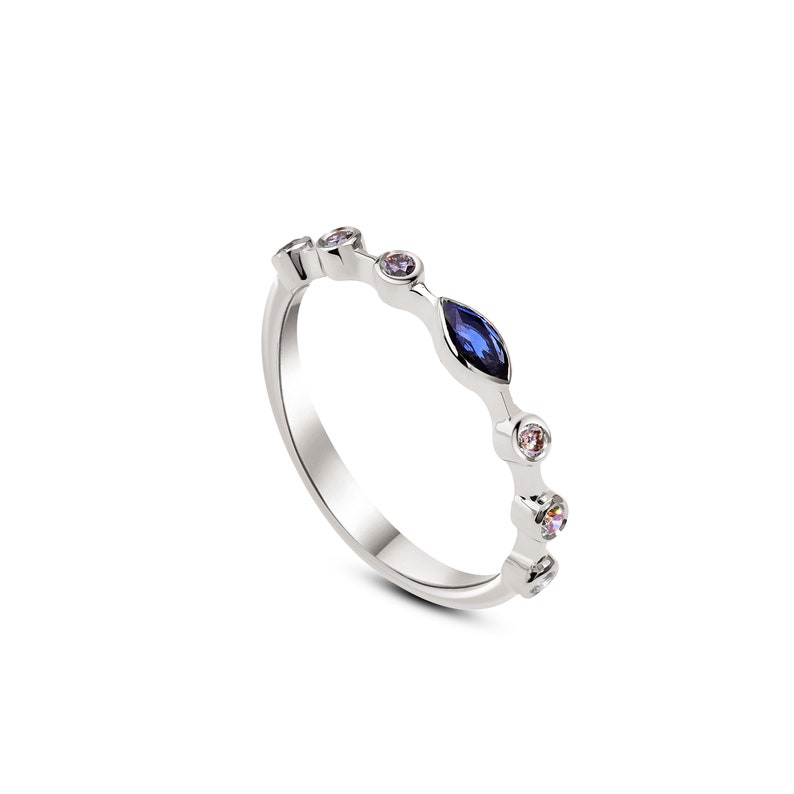 Minimal Dainty Marquise Sapphire and Brown Diamond 14k Solid Gold Ring White