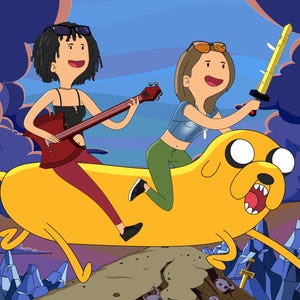 May include: A digital illustration featuring two cartoon characters riding a large yellow dog-like creature. One character with dark hair plays a red electric guitar, while the other with brown hair holds a yellow sword. Dark clouds fill the sky.